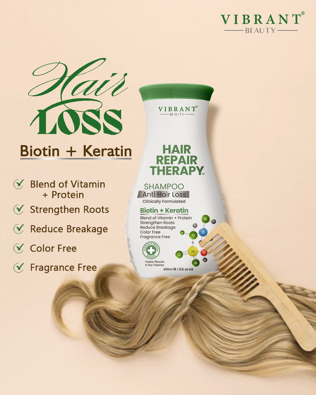 Vibrant Beauty Hair Repair Therapy Anti Hair Loss Shampoo (Biotin + Keratin) (400ml)