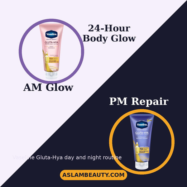 AM to PM body glow routine with Vaseline Gluta-Hya Dewy Radiance and Overnight Radiance Repair in Pakistan