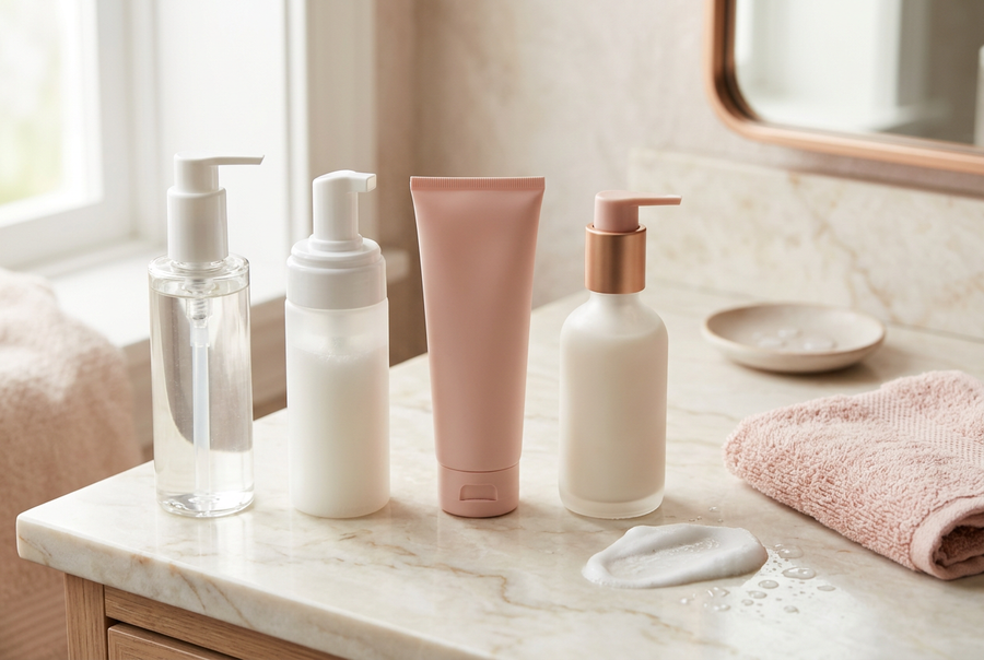Gel, foam and cream face wash bottles lined up on a marble vanity with lather and a pink towel, best face wash in Pakistan by skin type