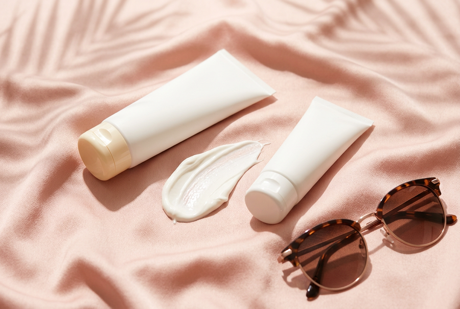 Two sunscreen tubes and a creamy SPF swatch on blush silk with sunglasses and palm leaf shadows, best sunscreen guide for Pakistan