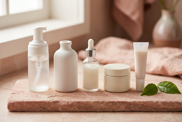 Five minimal skincare bottles lined up in routine order for acne-prone skin
