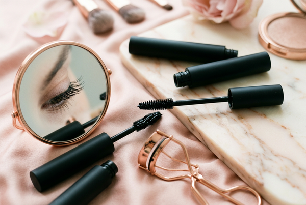 Black mascara tubes and wands with a rose gold lash curler and mirror on blush pink silk