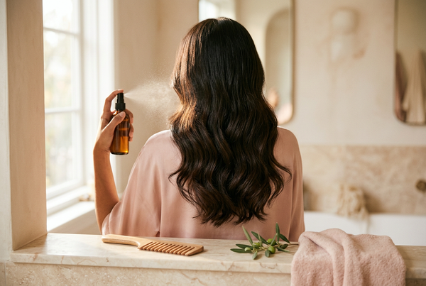 Woman misting the ends of her long wavy dark hair with a leave-in conditioner spray beside a wooden comb and olive leaves