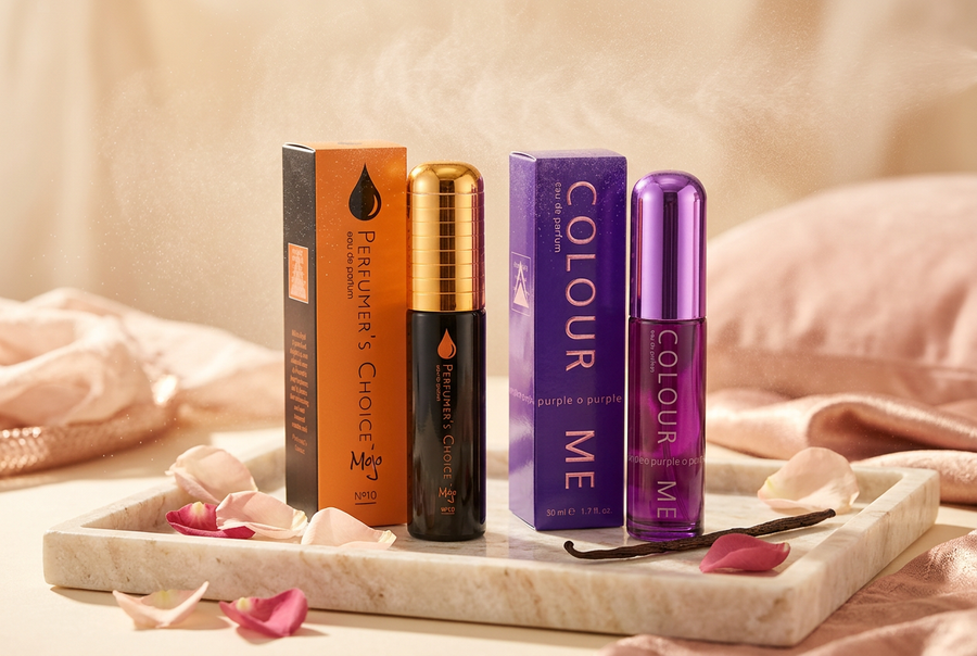 Milton-Lloyd Mojo N°10 and Colour Me Purple eau de parfum bottles on a marble tray, comparing EDP vs EDT