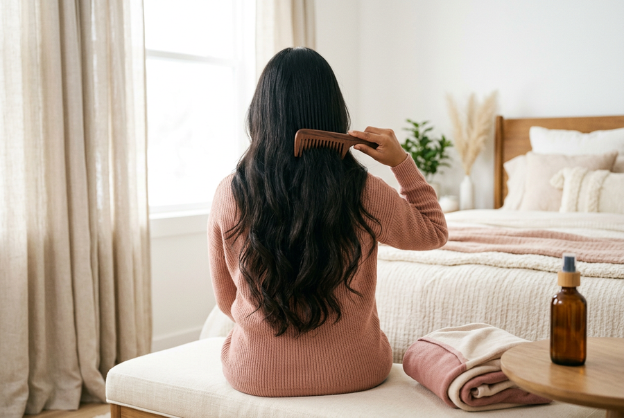 New mother with long dark hair combing it with a wooden comb in a soft lit bedroom, hair oil bottle nearby, hair fall after pregnancy care