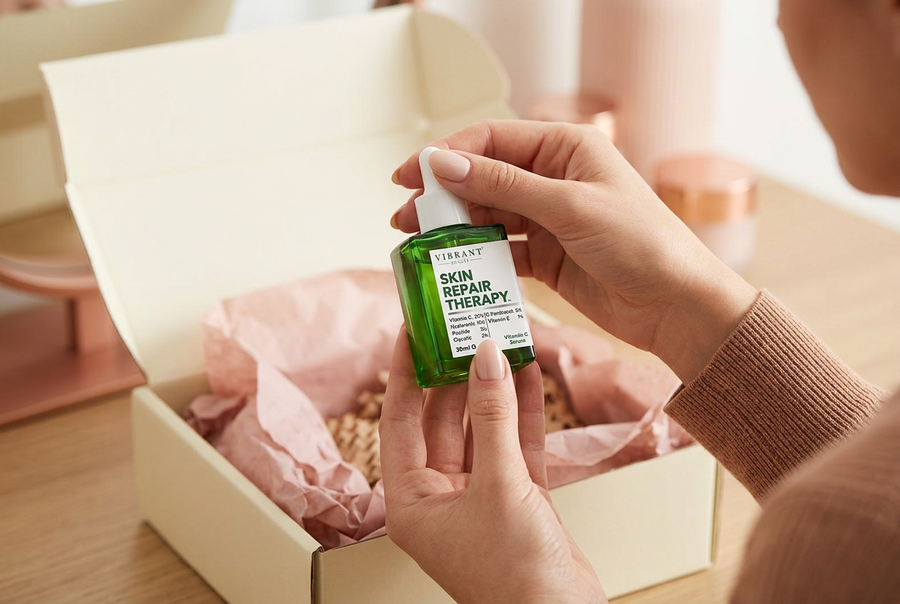 Hands checking the label and seal of a Vibrant Beauty Vitamin C serum from a delivery box, buying original skincare