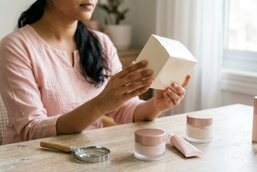 Woman inspecting the seal on a skincare box with a magnifying glass nearby, how to check if cosmetics are original