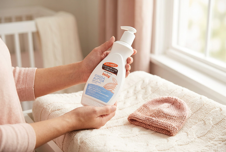 Mother reading the label on Palmer's Cocoa Butter Baby Lotion in a nursery, checking baby skincare ingredients