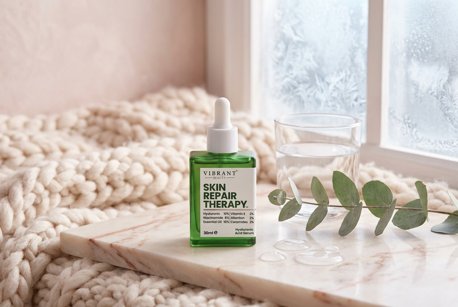 Vibrant Beauty Hyaluronic Acid serum on marble by a frosty window, hydrating serum for dry winter skin