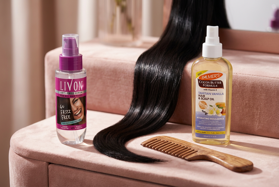 Livon Anti-Frizz Serum and Palmer's Tahitian Vanilla Hair and Scalp Oil beside a glossy lock of dark hair and a wooden comb, serum vs oil