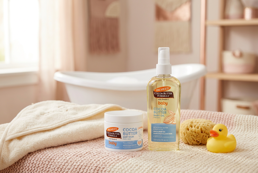 Palmer's Cocoa Butter Baby Oil and Baby Balm beside a baby bathtub and hooded towel, a gentle newborn bath routine