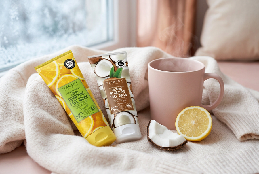 Vibrant Beauty Lemon Purifying and Coconut Hydrating face washes on a winter knit, face wash for oily skin in winter