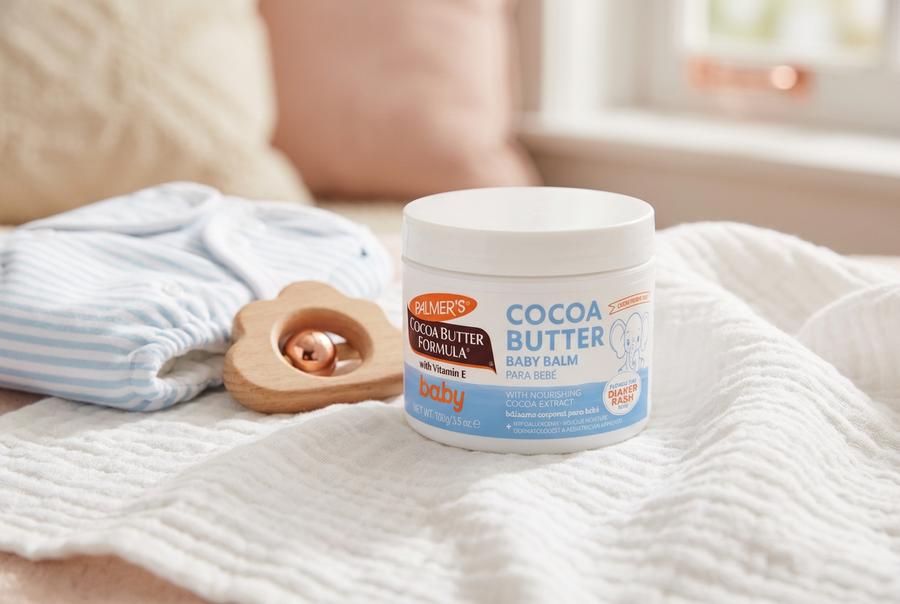 Palmer's Cocoa Butter Baby Balm jar on a white cotton blanket beside a cloth diaper and wooden toy, diaper rash care in summer