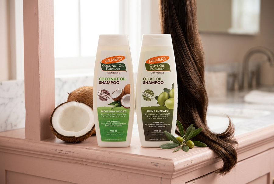 Palmer's Coconut Oil and Olive Oil shampoos side by side with a coconut and olives, shampoo for damaged hair