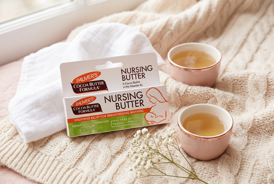 Palmer's Nursing Butter nipple cream box on a soft knit blanket with herbal tea, breastfeeding care for new mothers