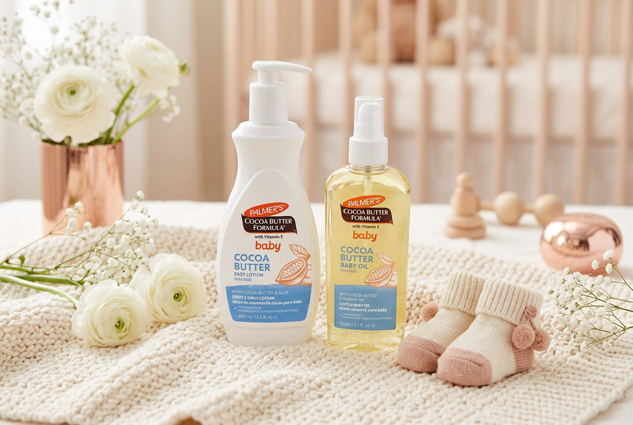 Palmer's Cocoa Butter Baby Lotion and Baby Oil on a cream knit blanket with baby socks and white flowers, paraben-free baby skincare