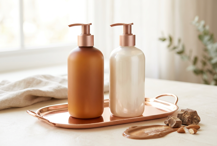 Cocoa butter body lotion and pearly glow body lotion pump bottles on a rose gold tray with cocoa butter chunks, Palmer's vs Vaseline Gluta-Hya comparison