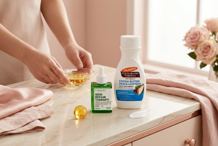 Vibrant Beauty Vitamin C serum, Palmer's Cocoa Butter lotion and a dish of face oil, comparing serum, moisturizer and oil