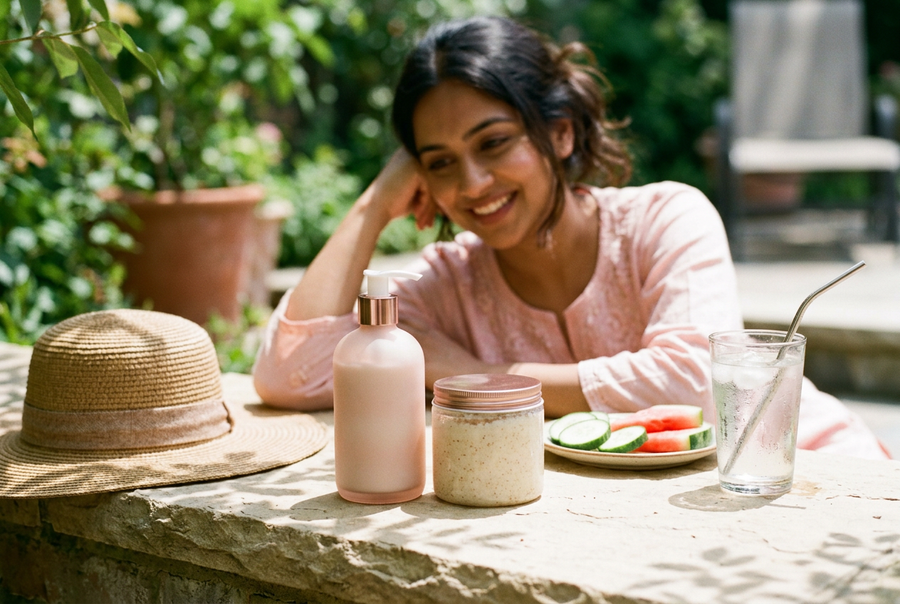 Woman in a blush kurta outdoors with body lotion, scrub, cucumber and iced water, a summer body care routine for hot weather