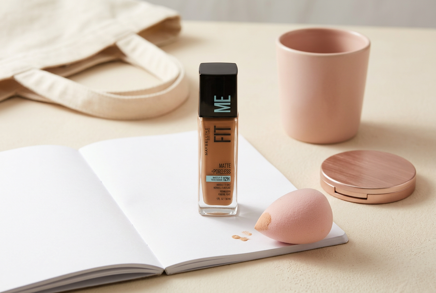 Maybelline Fit Me Matte Poreless foundation on a student desk with a makeup sponge, easy makeup for university