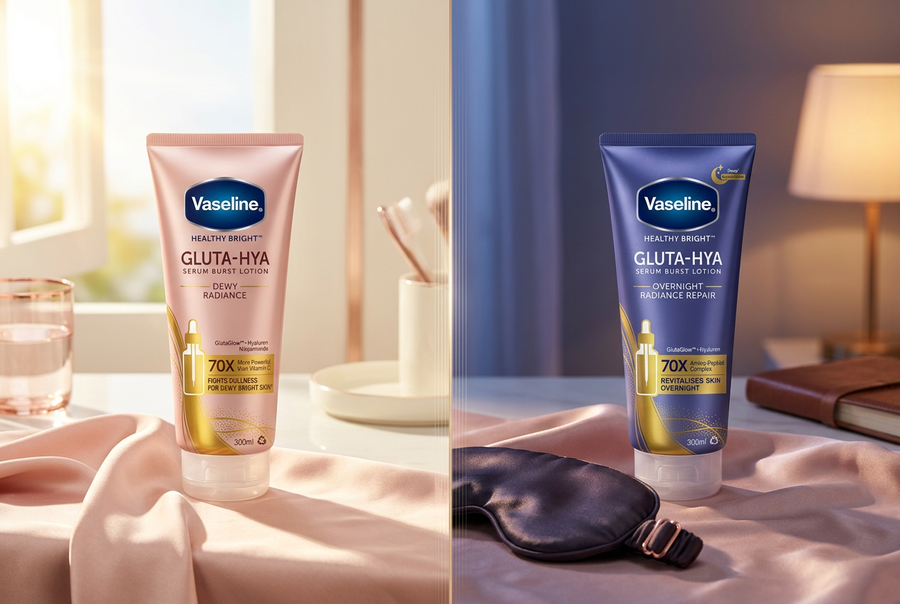 Vaseline Gluta-Hya Dewy Radiance in morning light and Overnight Radiance Repair at night with a sleep mask, AM to PM body glow routine