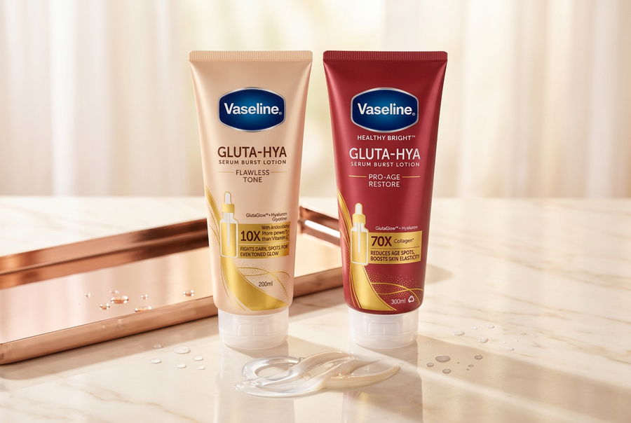 Vaseline Gluta-Hya Serum Burst Lotion Flawless Tone and Pro-Age Restore tubes on marble with a rose gold tray, which Gluta-Hya lotion to choose