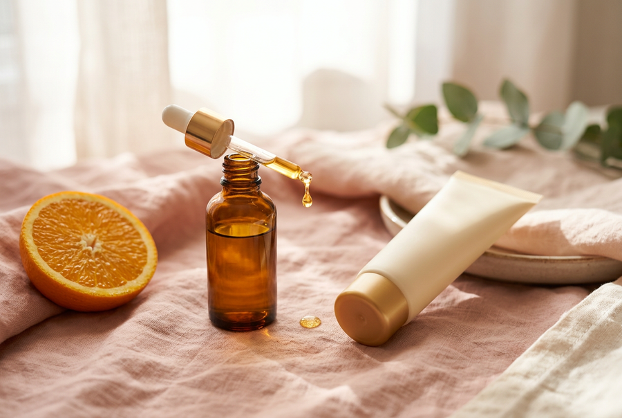 Amber vitamin C serum bottle with a golden dropper next to a sunscreen tube and a sliced orange on blush linen, how to layer vitamin C and sunscreen