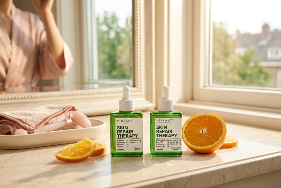 Vibrant Beauty Vitamin C and Niacinamide serums in morning sunlight with orange slices, a vitamin C morning routine