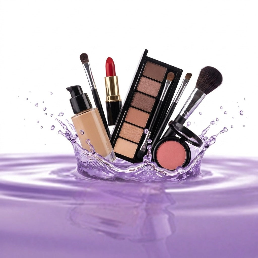 Makeup products including foundation and mascara at Aslam Beauty