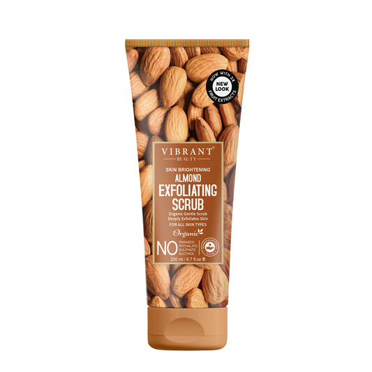 Almond exfoliating scrub packaging with visible almonds on a white background