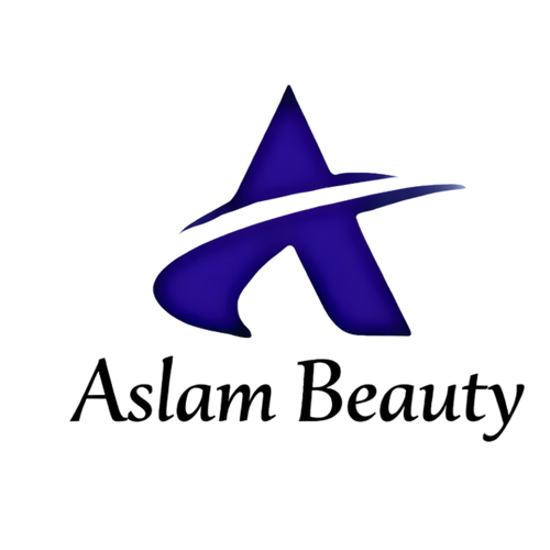Aslam Beauty logo with a blue star-like symbol on a white background