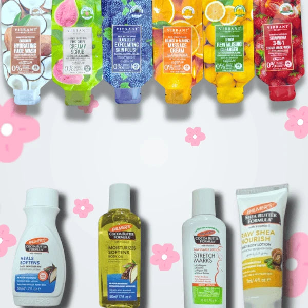 Assorted skincare products with colorful packaging on a light background