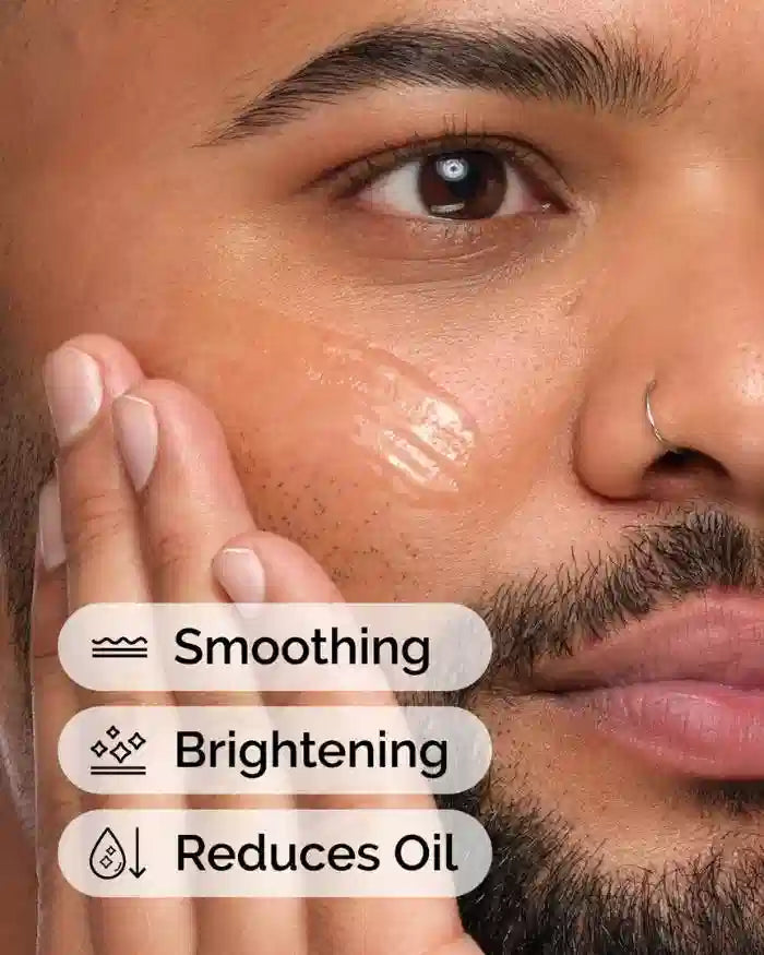 Close-up of a man's face with text indicating skin care benefits