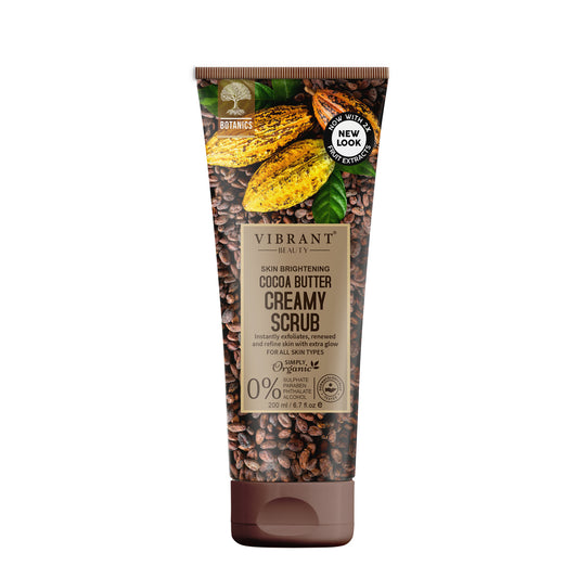 Cocoa butter creamy scrub tube with visible ingredients on a white background