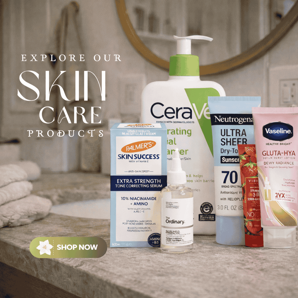Collection of skincare products on a bathroom counter with promotional text used as skin care banner product.