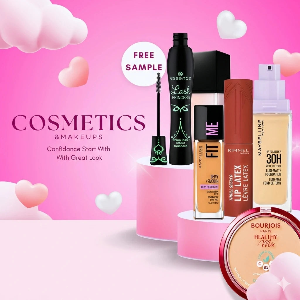 Cosmetic products including bottles and a compact on a pink background with 'Free Sample' text.