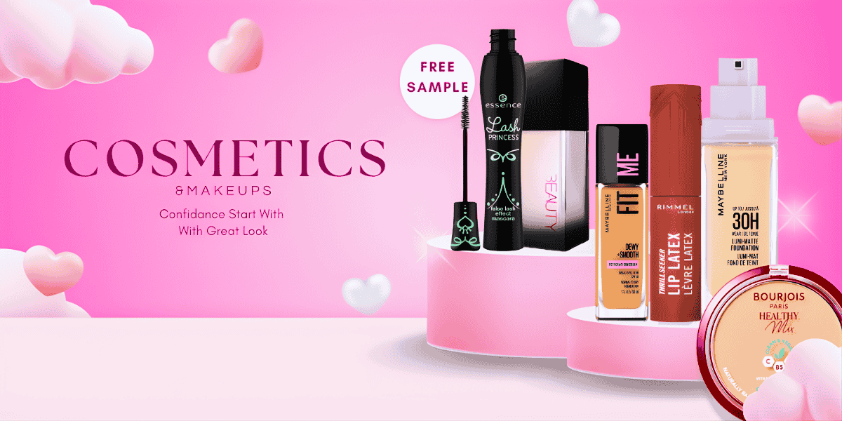 Cosmetic products on a pink background with 'COSMETICS' text