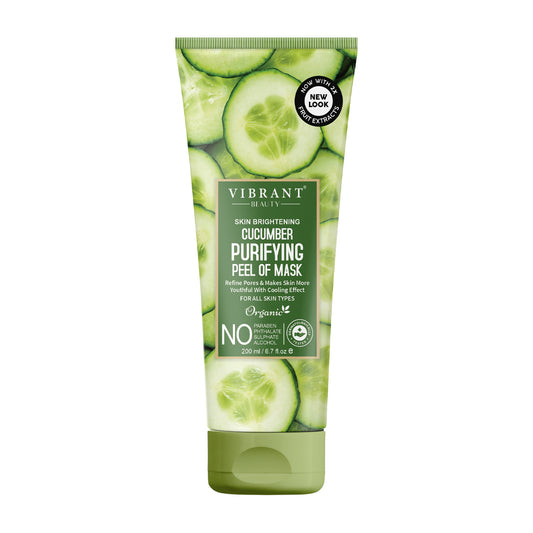 Cucumber purifying peel-off mask tube with visible cucumber slices on a white background