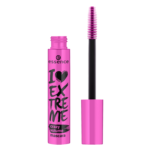 Essence mascara with pink packaging and black wand on a white background