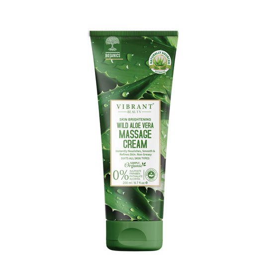 Green tube of Vibrant Wild Aloe Vera Massage Cream on a white background