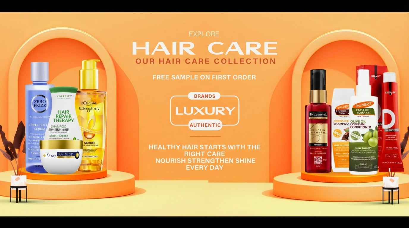 Hair care product display with various bottles on an orange banner background
