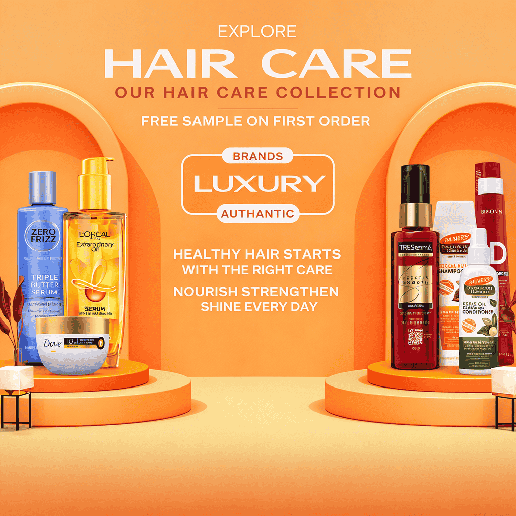 Hair care products on orange stands with promotional text on an orange banner for hair care background
