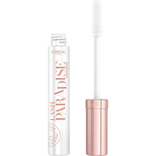 L'Oreal Paradise eyelash primer with rose gold cap on white background