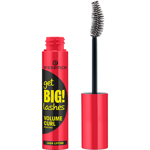 Mascara with red casing and black brush on a white background