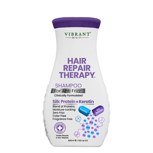 Shampoo bottle labeled 'Hair Repair Therapy' by Vibrant Beauty on a white background