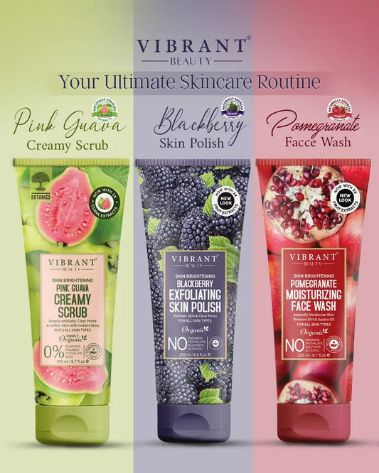 Three skincare products from Vibrant Beauty on a colorful background