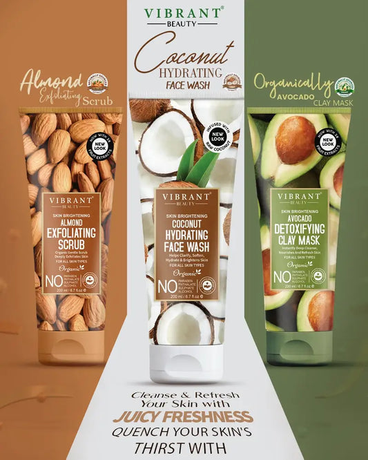 Three skincare products from Vibrant Beauty on a gradient background