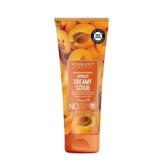 Tube of Vibrant Apricot Creamy Scrub on a white background