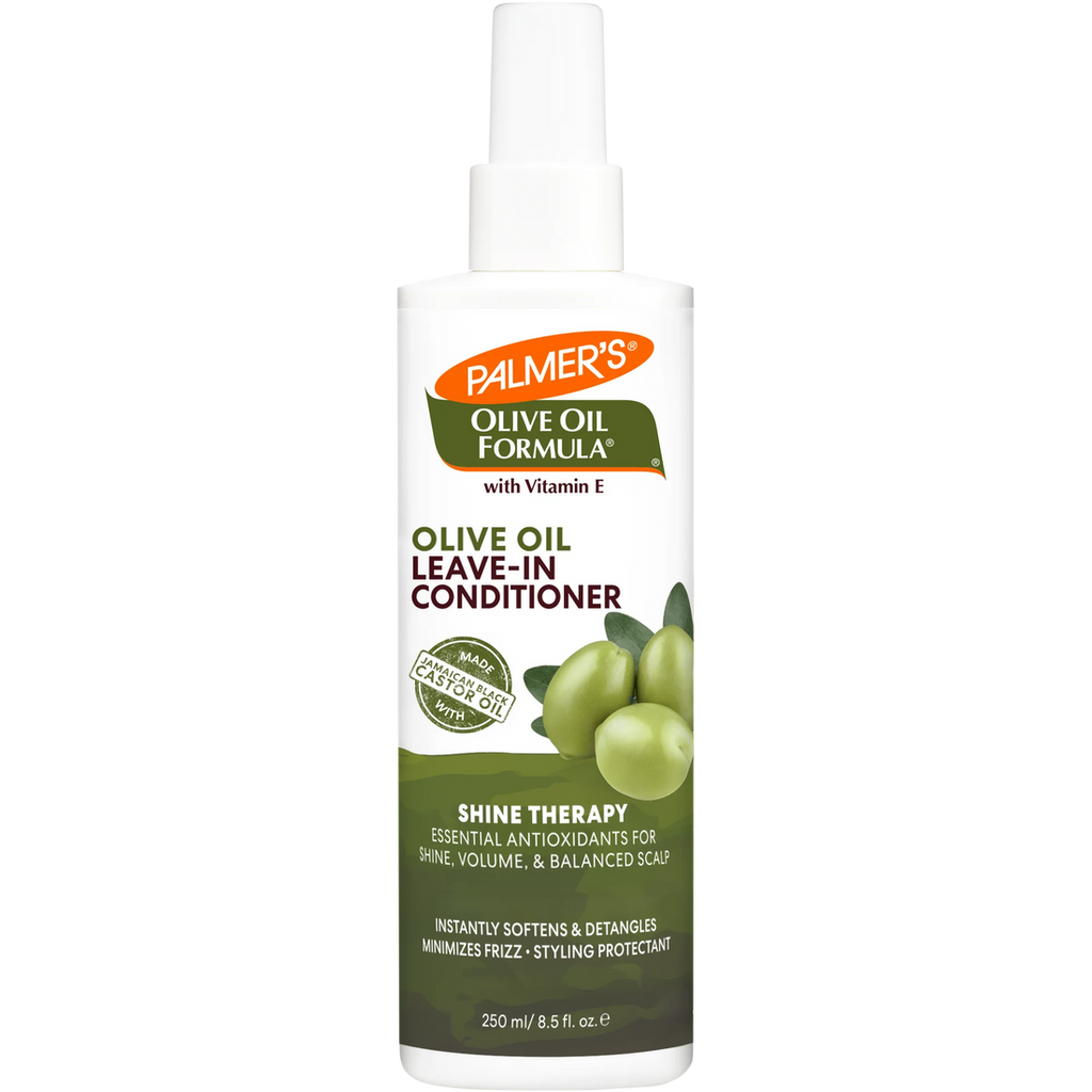 A 250 ml bottle of Palmer's Olive Oil Leave-In Conditioner with Vitamin E, featuring a white spray top and a label with green olives and olive green sections.