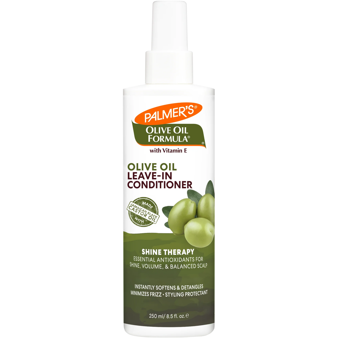 A 250 ml bottle of Palmer's Olive Oil Leave-In Conditioner with Vitamin E, featuring a white spray top and a label with green olives and olive green sections.
